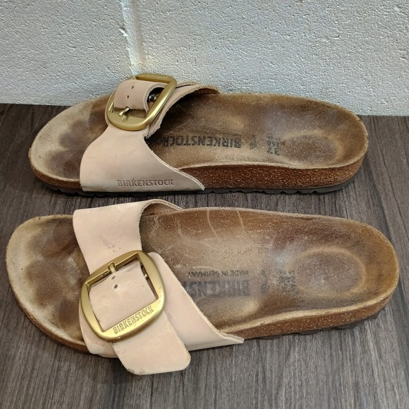 Birkenstock Madrid Big Buckle Leather Sandals Beige Gold Buckle Women's 6-6.5 - Picture 2 of 8